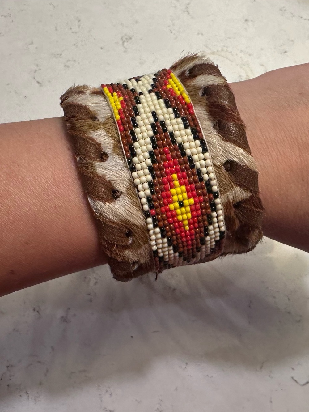 KurtMen Handmade Beaded Cowhide Cuff Bracelet